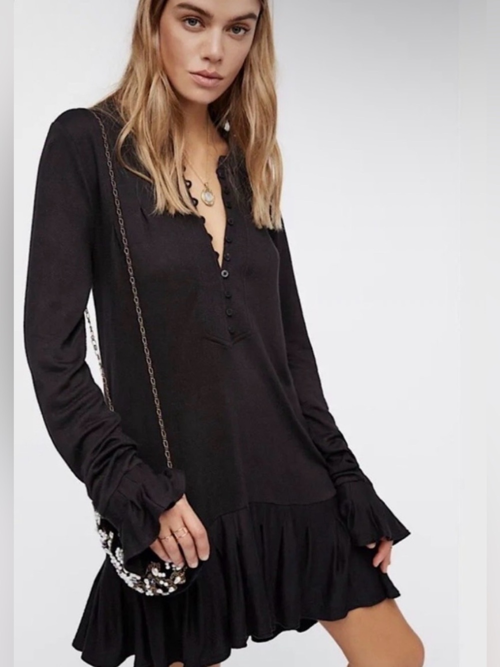 Free People Black Long-Sleeve Henley Tunic with Ruffle Hem